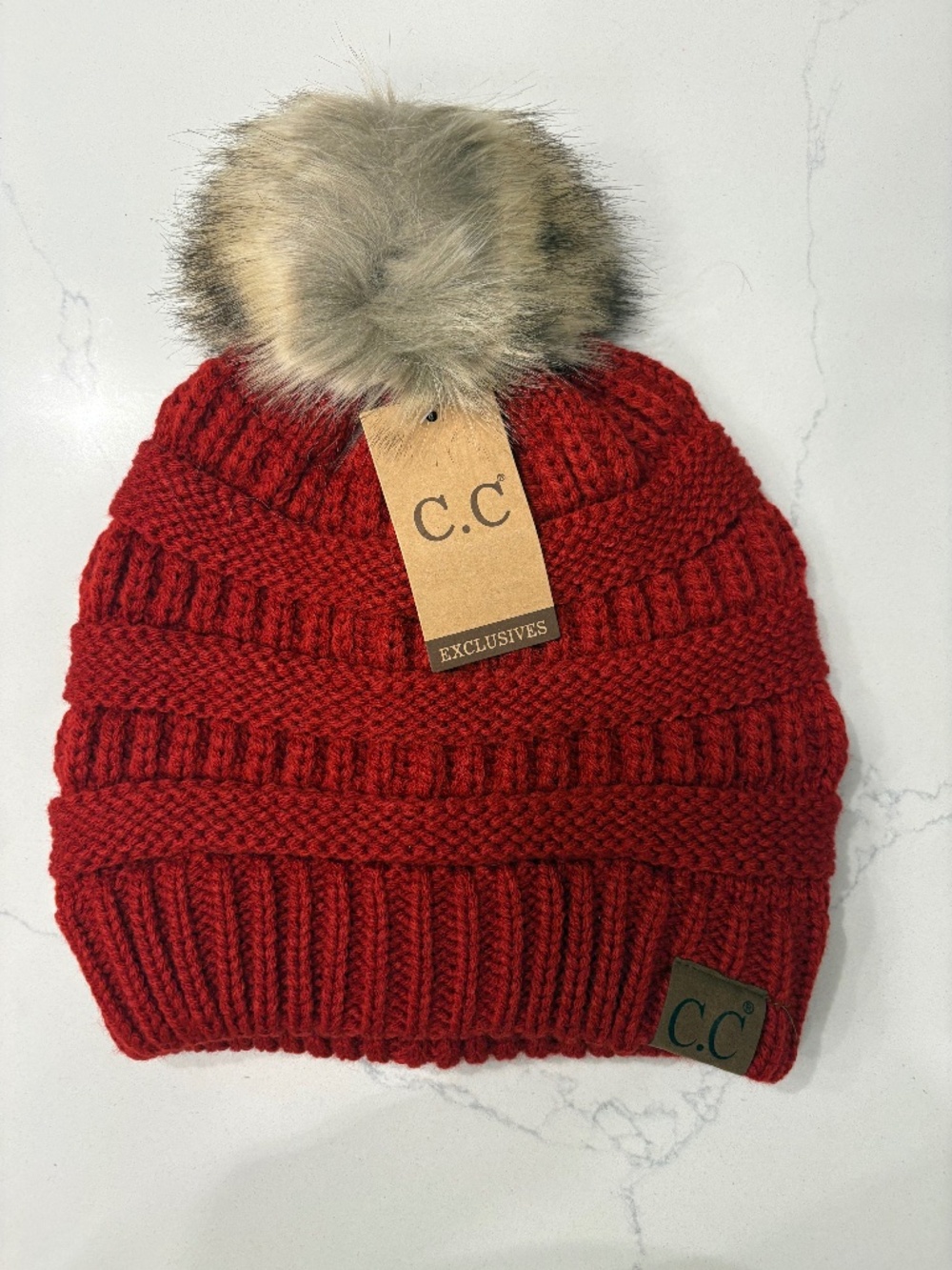 C.C Red Ribbed Hat With Faux Fur Pom